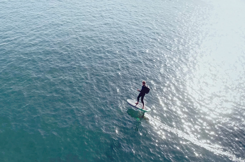 Test ride of an electric surf foil developed with Decathlon, showcasing early-stage sports innovation design.